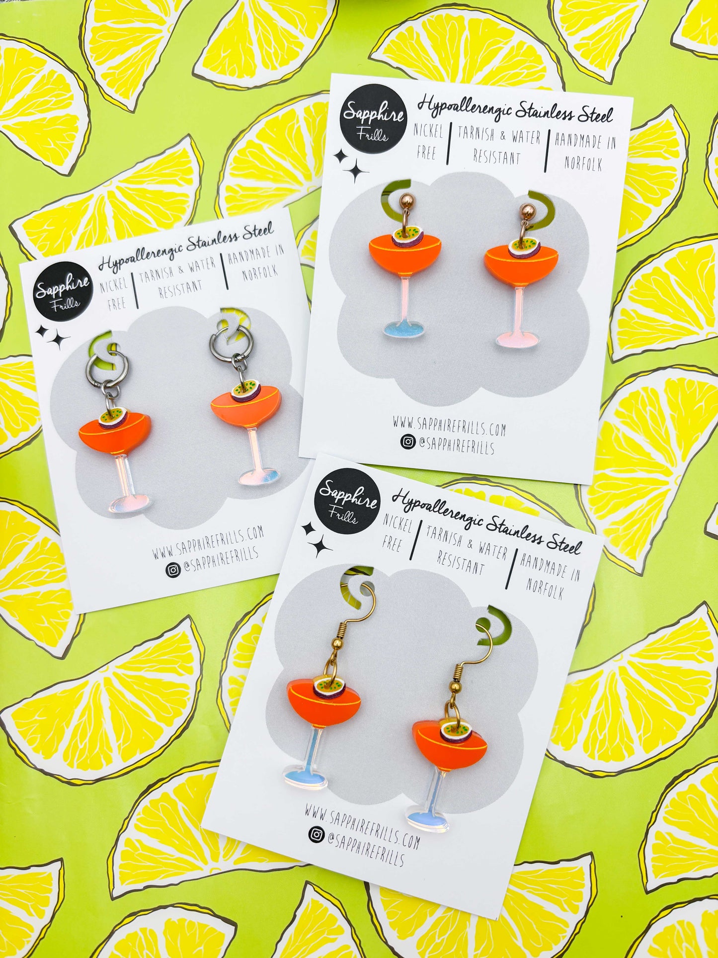 Medium Pornstar Martini with Passionfruit Dangle Earrings or Necklace – Hypoallergenic Stainless Steel