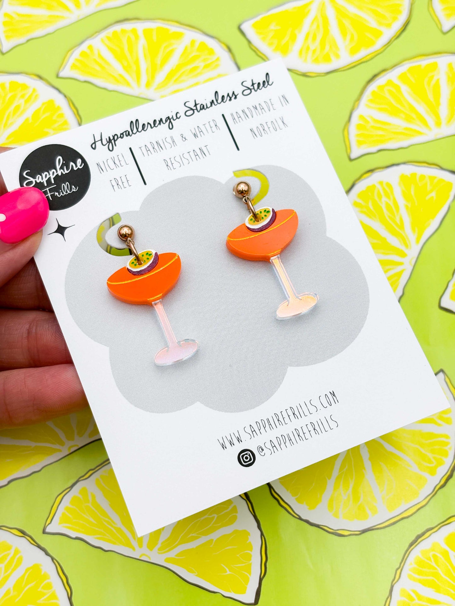 Medium Pornstar Martini with Passionfruit Dangle Earrings or Necklace – Hypoallergenic Stainless Steel