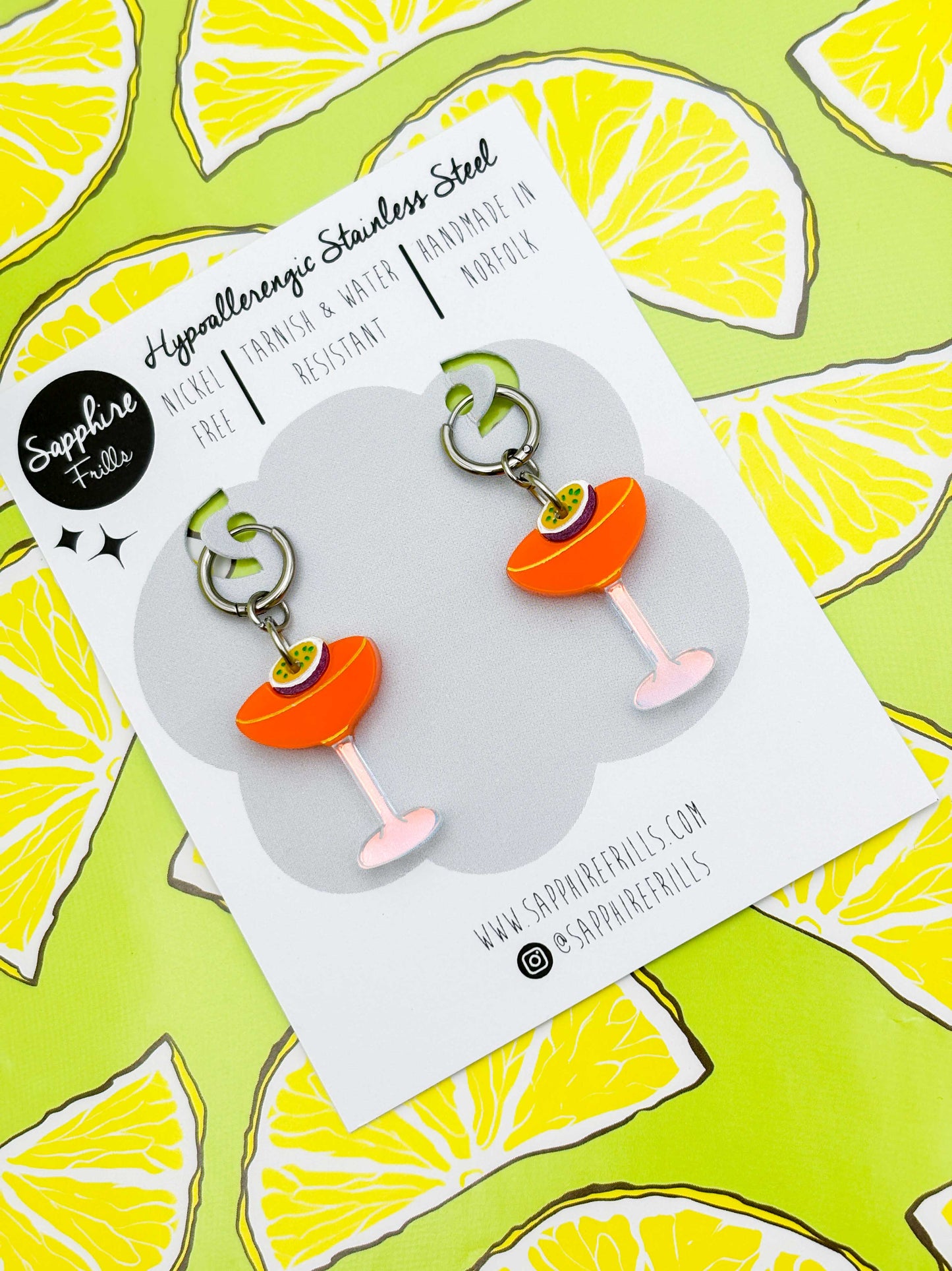 Medium Pornstar Martini with Passionfruit Dangle Earrings or Necklace – Hypoallergenic Stainless Steel