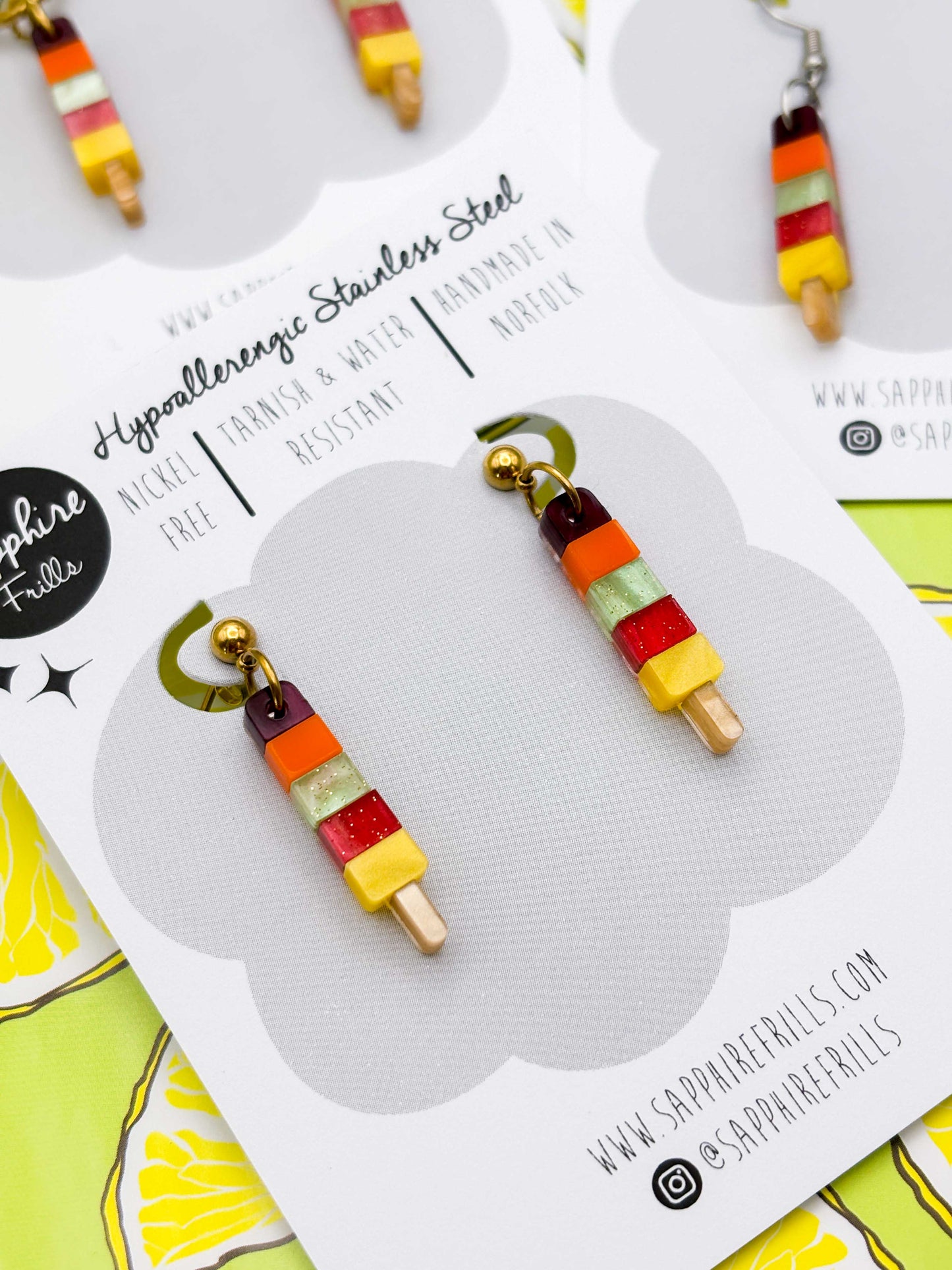Small Rainbow Fruit Ice Lolly Dangle Earrings or Necklace – Hypoallergenic Stainless Steel