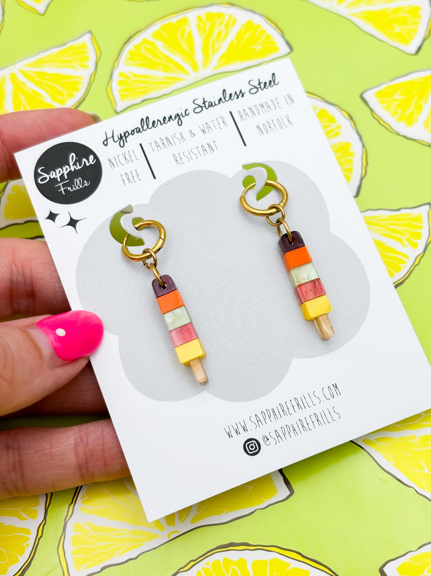 Small Rainbow Fruit Ice Lolly Dangle Earrings or Necklace – Hypoallergenic Stainless Steel