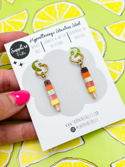 Small Rainbow Fruit Ice Lolly Dangle Earrings or Necklace – Hypoallergenic Stainless Steel
