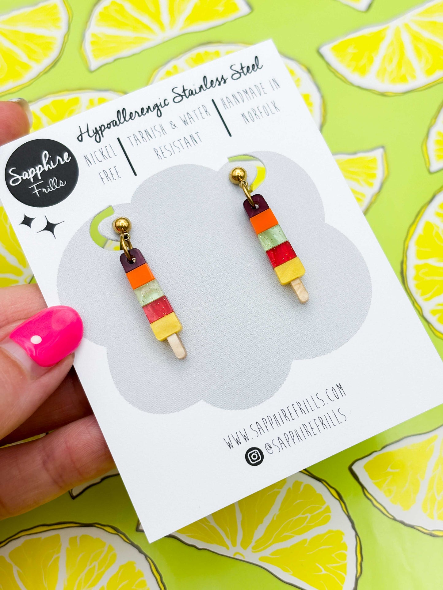 Small Rainbow Fruit Ice Lolly Dangle Earrings or Necklace – Hypoallergenic Stainless Steel