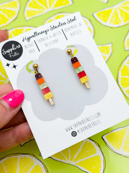 Small Rainbow Fruit Ice Lolly Dangle Earrings or Necklace – Hypoallergenic Stainless Steel