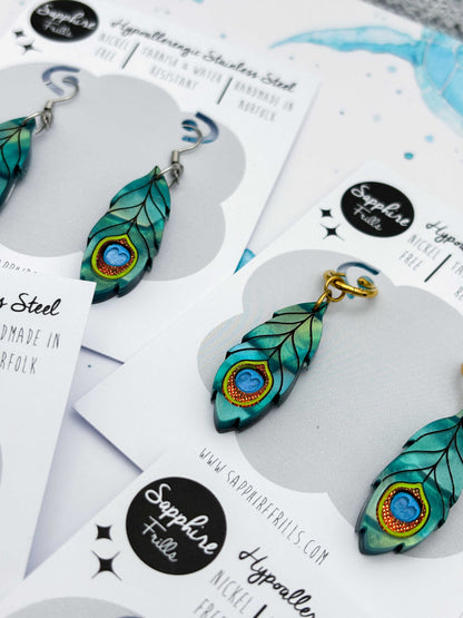 Large Metallic Teal Green Peacock Feather Dangle Earrings or Necklace – Hypoallergenic Stainless Steel