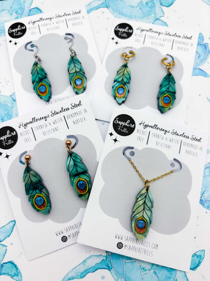 Large Metallic Teal Green Peacock Feather Dangle Earrings or Necklace – Hypoallergenic Stainless Steel