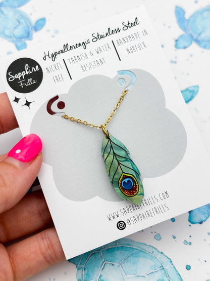Large Metallic Teal Green Peacock Feather Dangle Earrings or Necklace – Hypoallergenic Stainless Steel