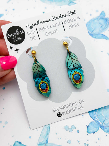 Large Metallic Teal Green Peacock Feather Dangle Earrings or Necklace – Hypoallergenic Stainless Steel