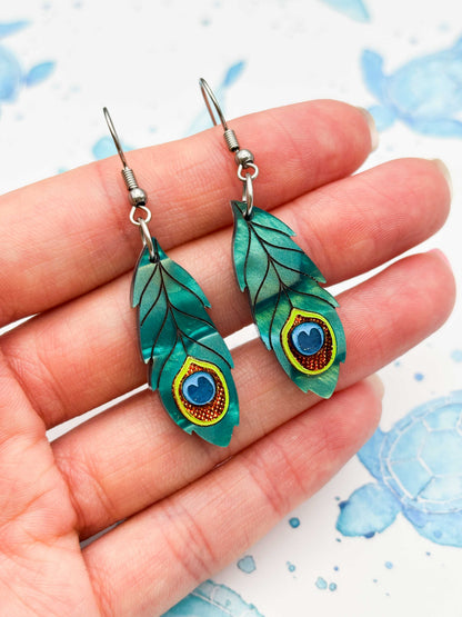 Large Metallic Teal Green Peacock Feather Dangle Earrings or Necklace – Hypoallergenic Stainless Steel