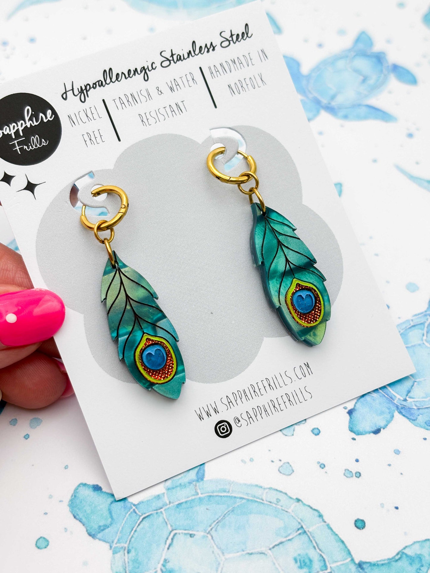 Large Metallic Teal Green Peacock Feather Dangle Earrings or Necklace – Hypoallergenic Stainless Steel