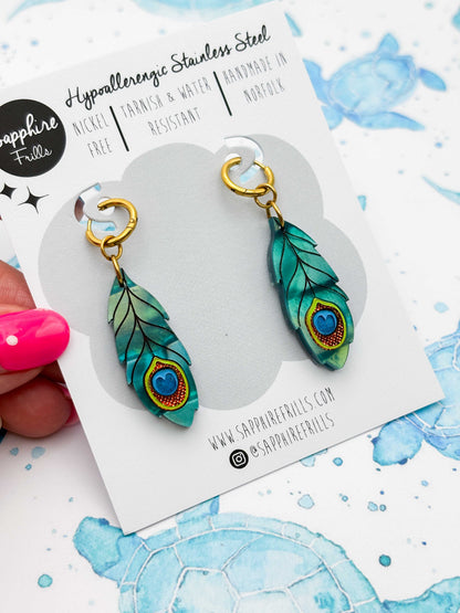 Large Metallic Teal Green Peacock Feather Dangle Earrings or Necklace – Hypoallergenic Stainless Steel
