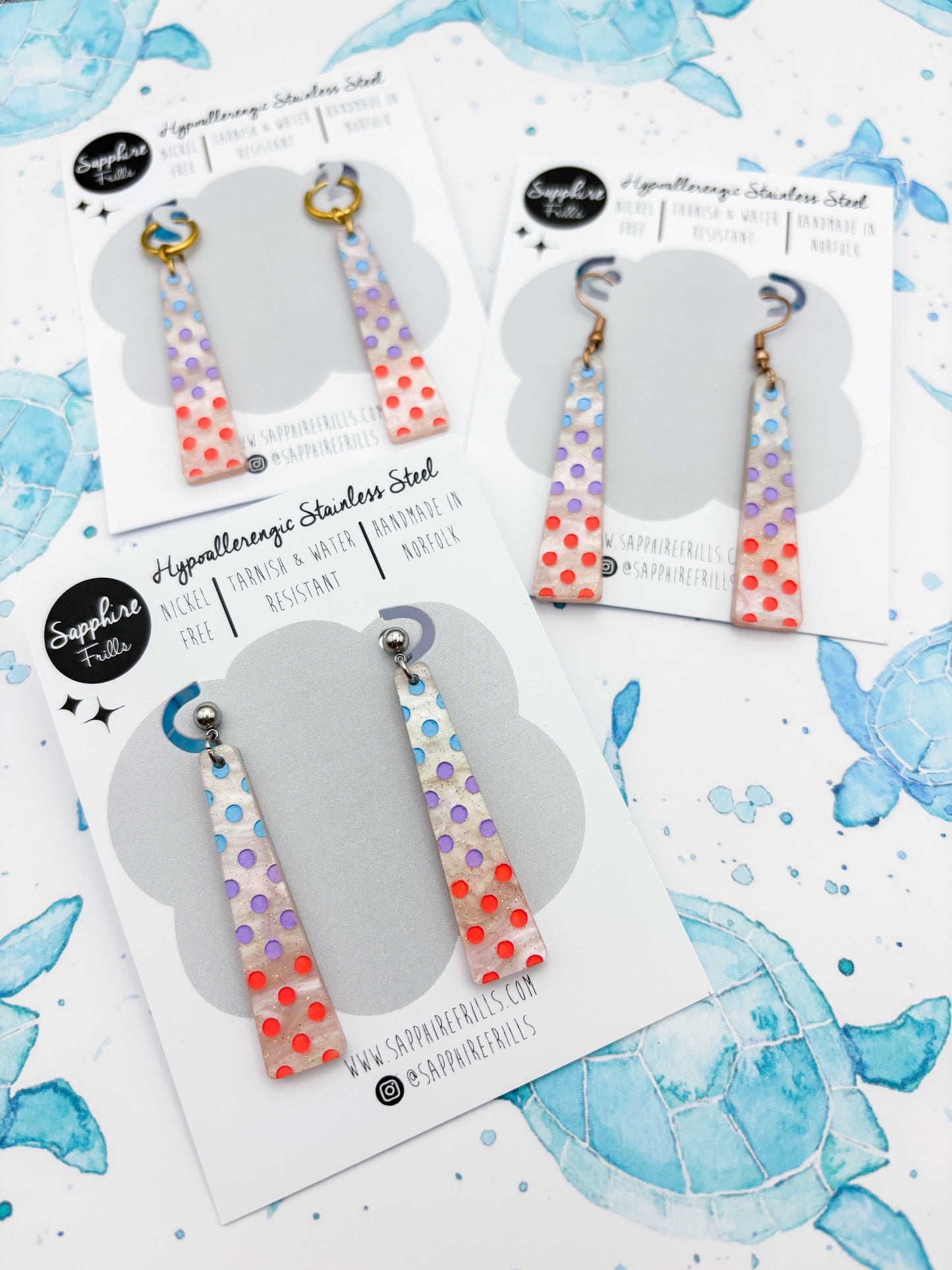 Large Pastel Blue, Lilac & Coral Polka Dot Trapeze Dangle Earrings or Necklace – Hypoallergenic Stainless Steel