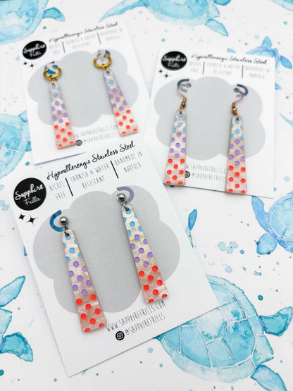 Large Pastel Blue, Lilac & Coral Polka Dot Trapeze Dangle Earrings or Necklace – Hypoallergenic Stainless Steel