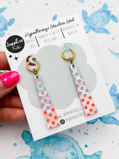 Large Pastel Blue, Lilac & Coral Polka Dot Trapeze Dangle Earrings or Necklace – Hypoallergenic Stainless Steel