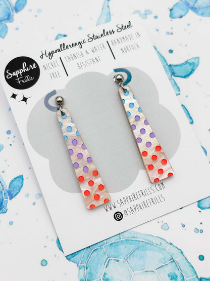 Large Pastel Blue, Lilac & Coral Polka Dot Trapeze Dangle Earrings or Necklace – Hypoallergenic Stainless Steel