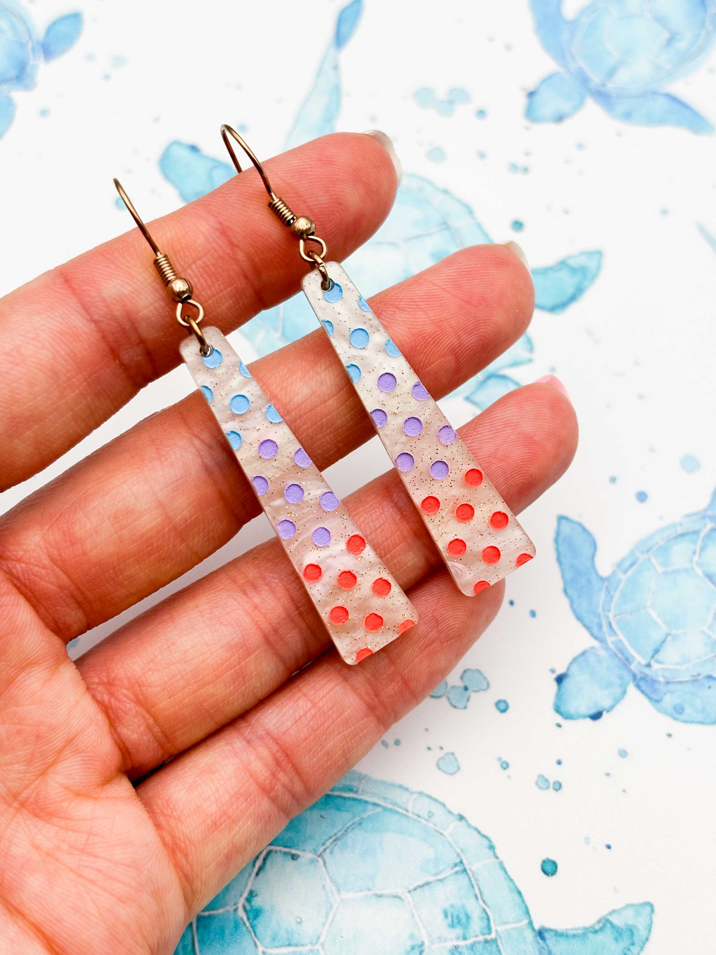 Large Pastel Blue, Lilac & Coral Polka Dot Trapeze Dangle Earrings or Necklace – Hypoallergenic Stainless Steel