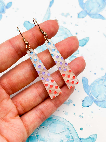 Large Pastel Blue, Lilac & Coral Polka Dot Trapeze Dangle Earrings or Necklace – Hypoallergenic Stainless Steel