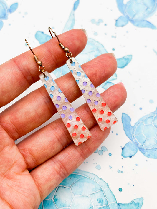 Large Pastel Blue, Lilac & Coral Polka Dot Trapeze Dangle Earrings or Necklace – Hypoallergenic Stainless Steel