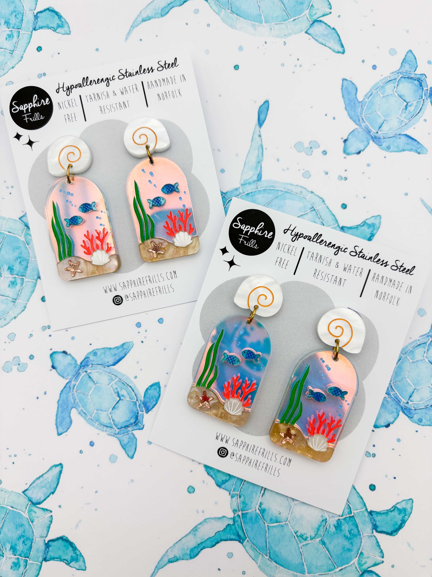 Underwater Ocean Scene Arch Statement Dangle Earrings – Hypoallergenic Stainless Steel