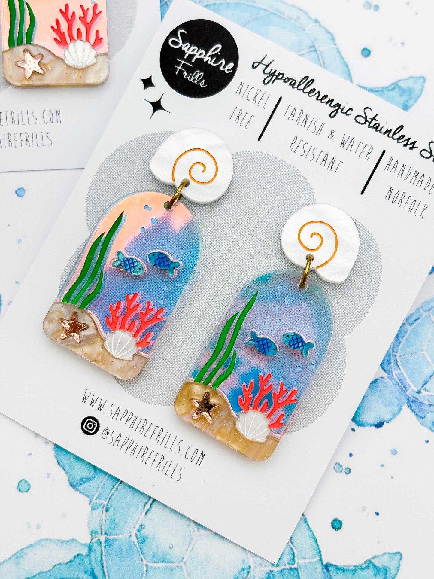 Underwater Ocean Scene Arch Statement Dangle Earrings – Hypoallergenic Stainless Steel