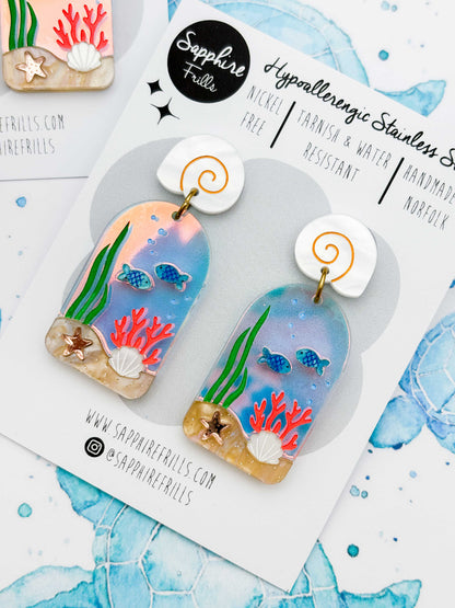 Underwater Ocean Scene Arch Statement Dangle Earrings – Hypoallergenic Stainless Steel