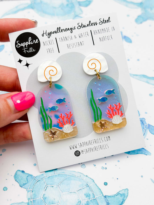 Underwater Ocean Scene Arch Statement Dangle Earrings – Hypoallergenic Stainless Steel