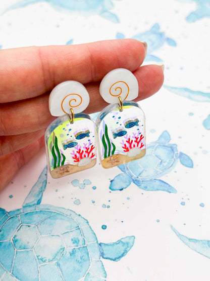 Underwater Ocean Scene Arch Statement Dangle Earrings – Hypoallergenic Stainless Steel