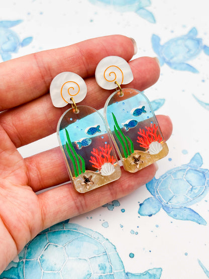 Underwater Ocean Scene Arch Statement Dangle Earrings – Hypoallergenic Stainless Steel