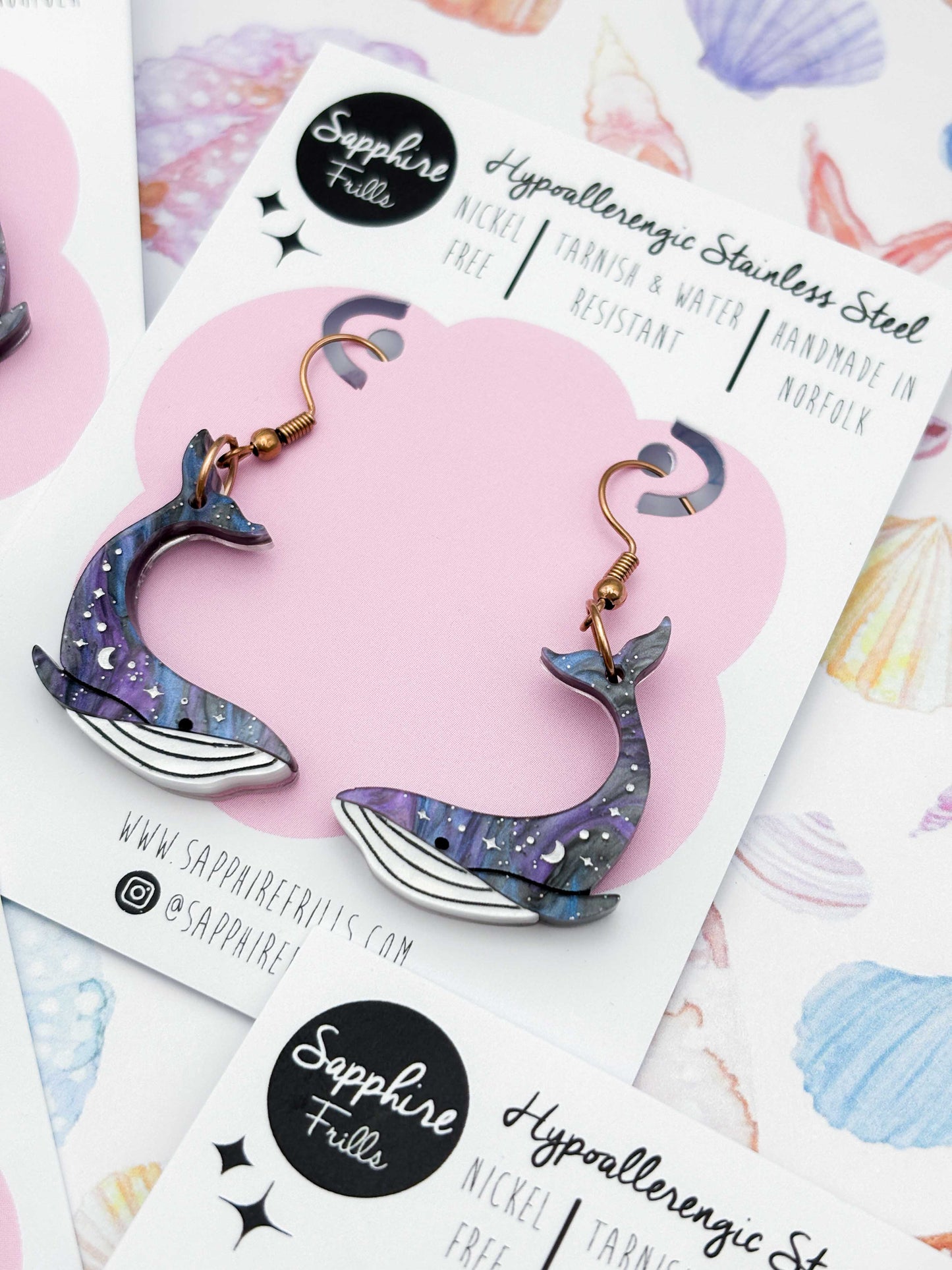 Large Grey Blue Glitter Marble Celestial Whale Dangle Earrings or Necklace – Hypoallergenic Stainless Steel