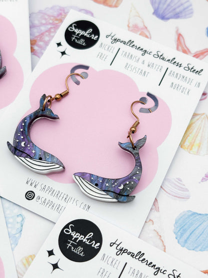 Large Grey Blue Glitter Marble Celestial Whale Dangle Earrings or Necklace – Hypoallergenic Stainless Steel