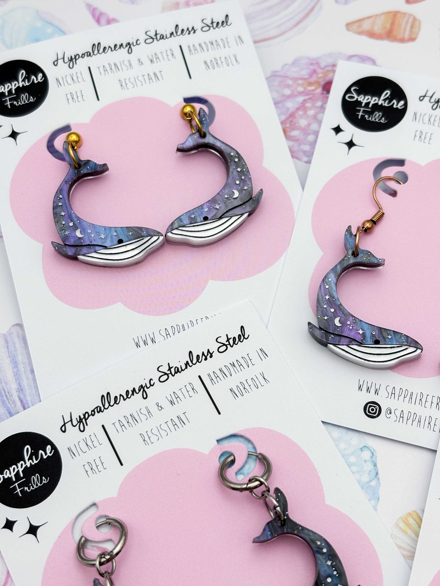 Large Grey Blue Glitter Marble Celestial Whale Dangle Earrings or Necklace – Hypoallergenic Stainless Steel