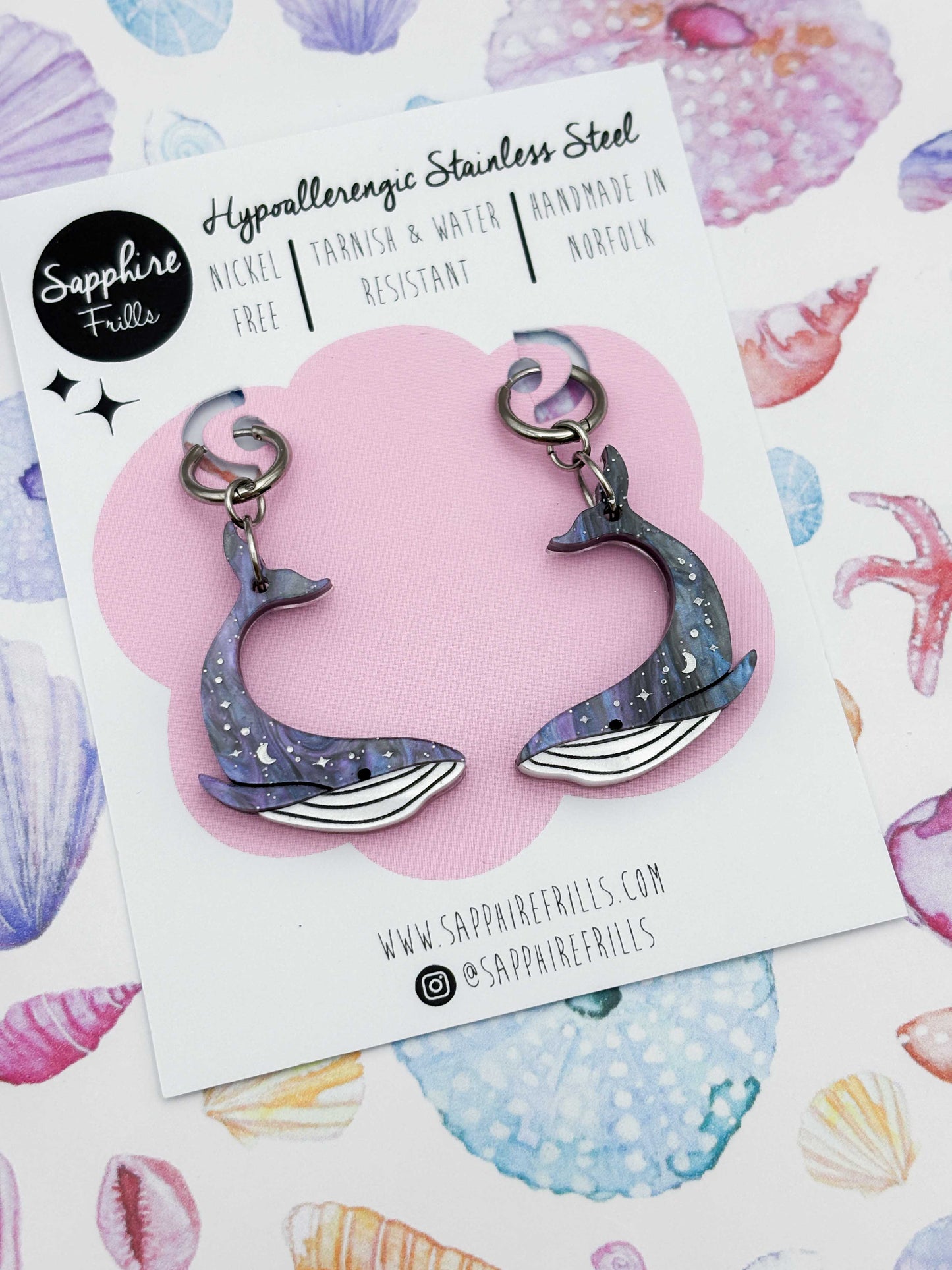 Large Grey Blue Glitter Marble Celestial Whale Dangle Earrings or Necklace – Hypoallergenic Stainless Steel