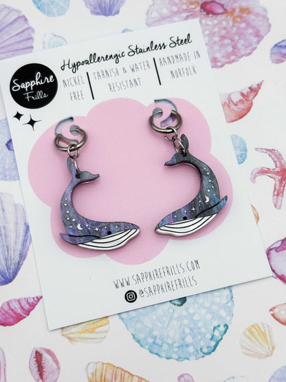 Large Grey Blue Glitter Marble Celestial Whale Dangle Earrings or Necklace – Hypoallergenic Stainless Steel