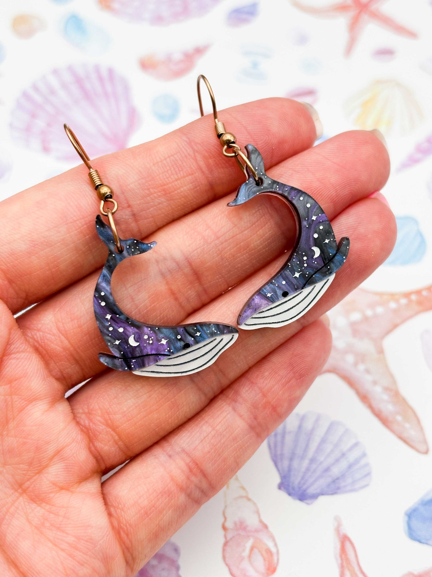 Large Grey Blue Glitter Marble Celestial Whale Dangle Earrings or Necklace – Hypoallergenic Stainless Steel