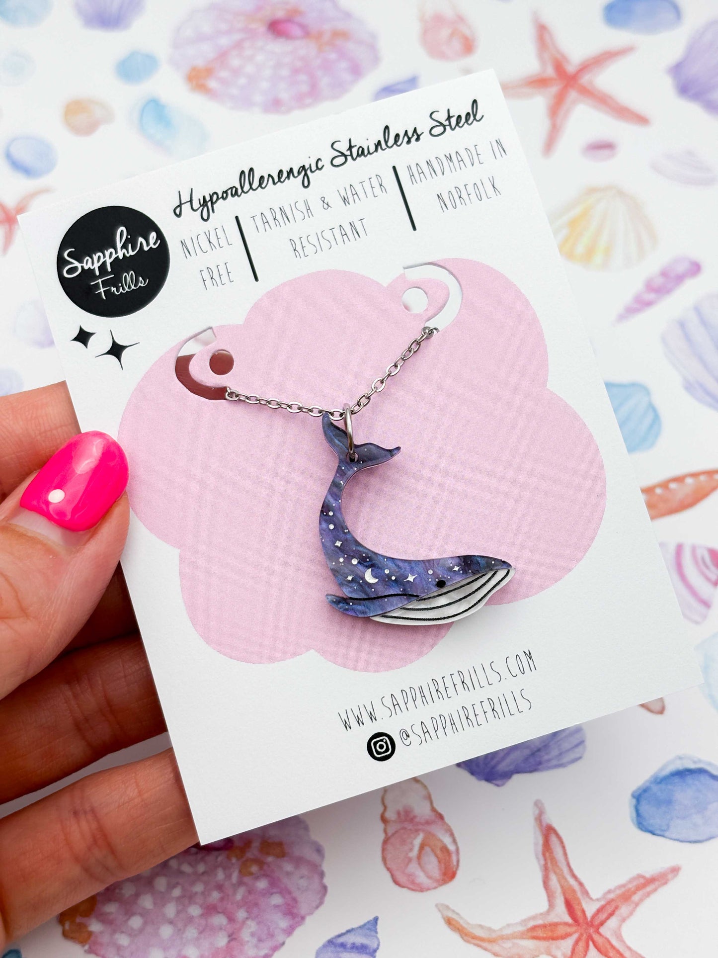 Large Grey Blue Glitter Marble Celestial Whale Dangle Earrings or Necklace – Hypoallergenic Stainless Steel