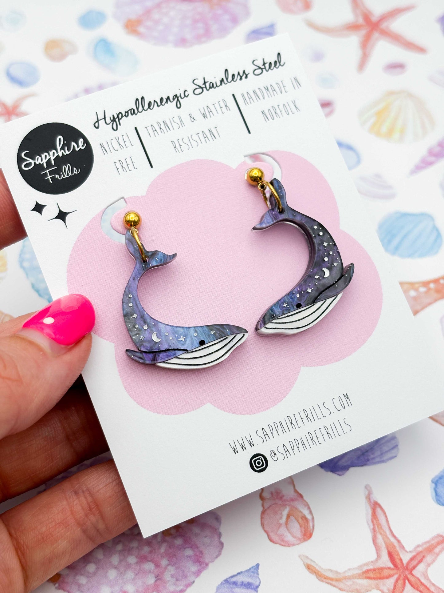 Large Grey Blue Glitter Marble Celestial Whale Dangle Earrings or Necklace – Hypoallergenic Stainless Steel