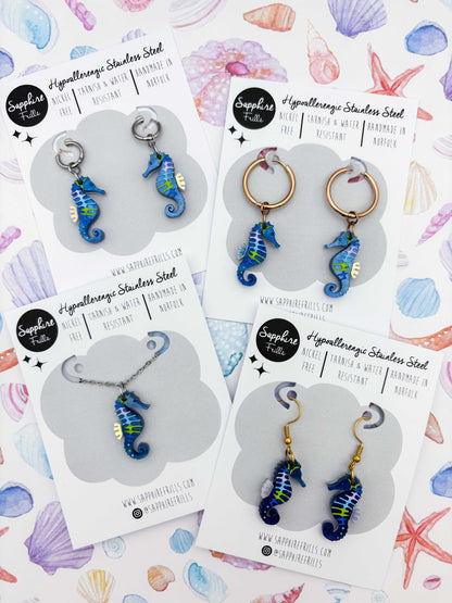 Medium Blue, Green & Lilac Seahorse Dangle Earrings or Necklace – Hypoallergenic Stainless Steel