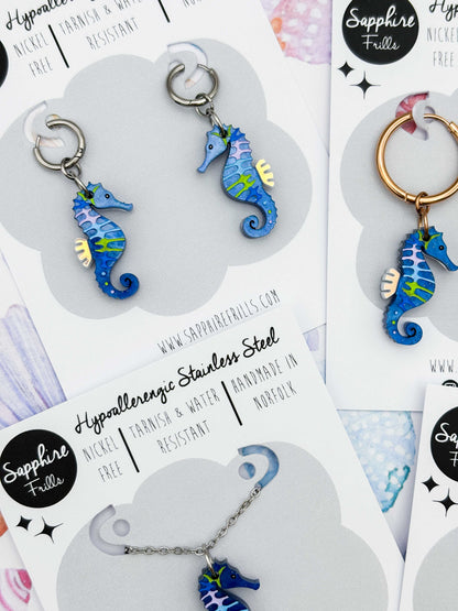 Medium Blue, Green & Lilac Seahorse Dangle Earrings or Necklace – Hypoallergenic Stainless Steel