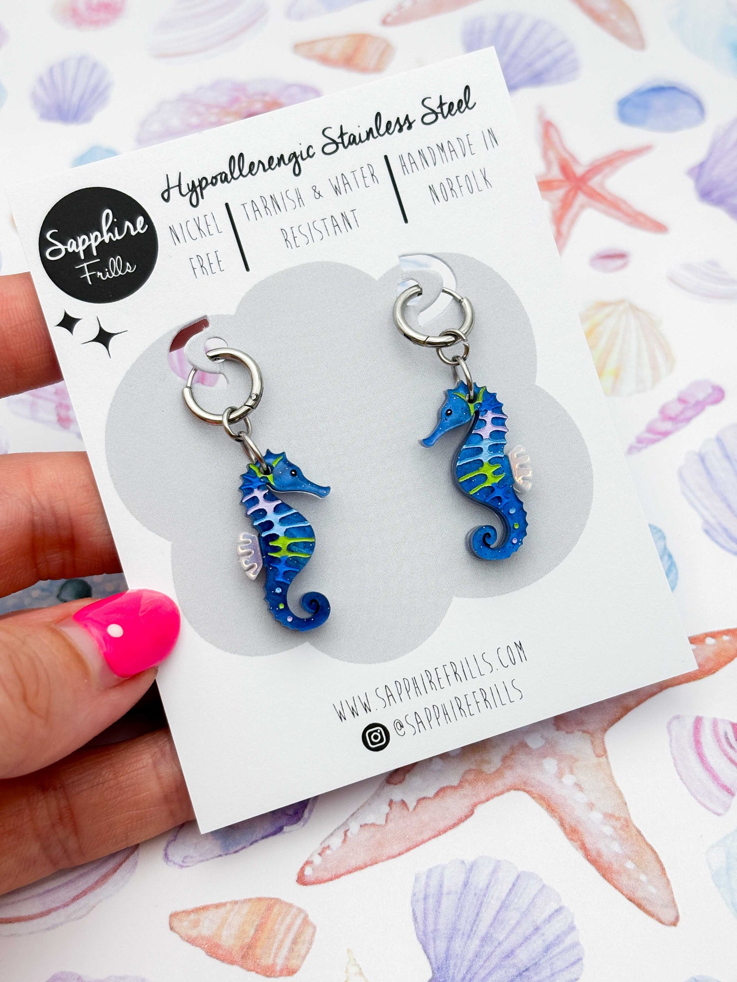 Medium Blue, Green & Lilac Seahorse Dangle Earrings or Necklace – Hypoallergenic Stainless Steel