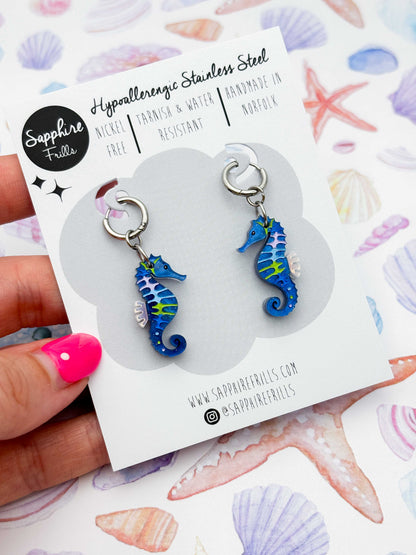Medium Blue, Green & Lilac Seahorse Dangle Earrings or Necklace – Hypoallergenic Stainless Steel