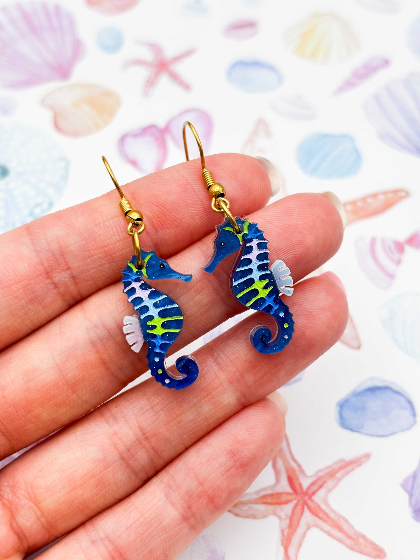 Medium Blue, Green & Lilac Seahorse Dangle Earrings or Necklace – Hypoallergenic Stainless Steel