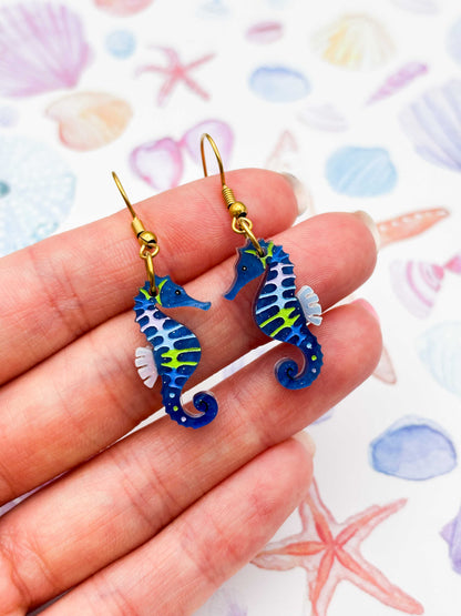 Medium Blue, Green & Lilac Seahorse Dangle Earrings or Necklace – Hypoallergenic Stainless Steel