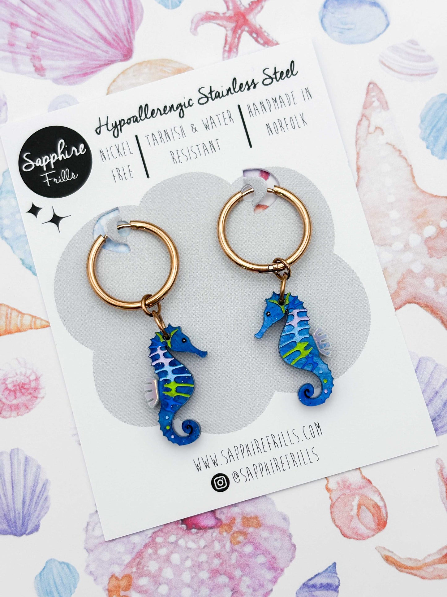 Medium Blue, Green & Lilac Seahorse Dangle Earrings or Necklace – Hypoallergenic Stainless Steel