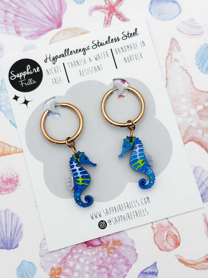 Medium Blue, Green & Lilac Seahorse Dangle Earrings or Necklace – Hypoallergenic Stainless Steel