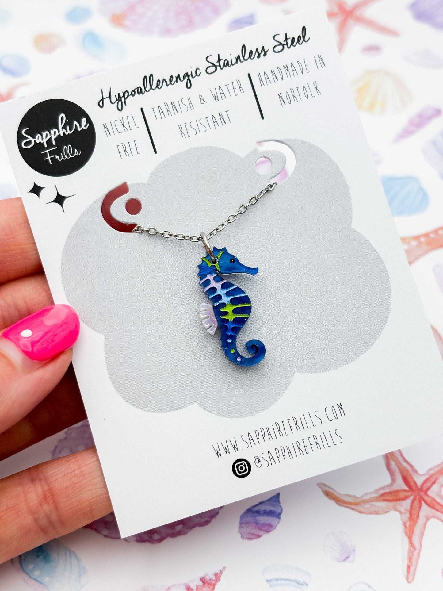 Medium Blue, Green & Lilac Seahorse Dangle Earrings or Necklace – Hypoallergenic Stainless Steel