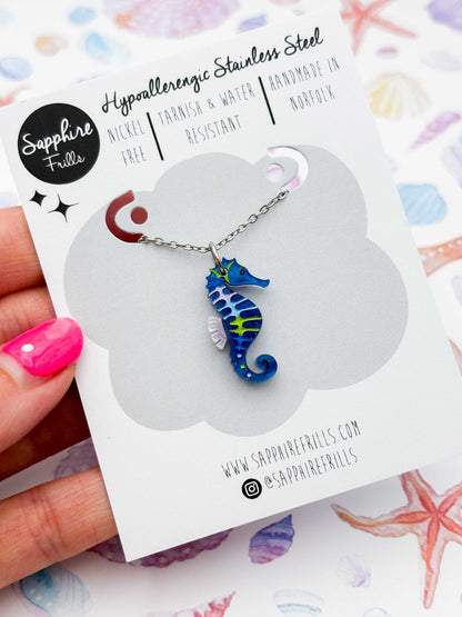 Medium Blue, Green & Lilac Seahorse Dangle Earrings or Necklace – Hypoallergenic Stainless Steel