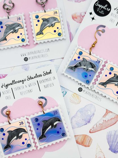 Large Iridescent Grey & Blue Dolphin Stamp Dangle Earrings or Necklace – Hypoallergenic Stainless Steel