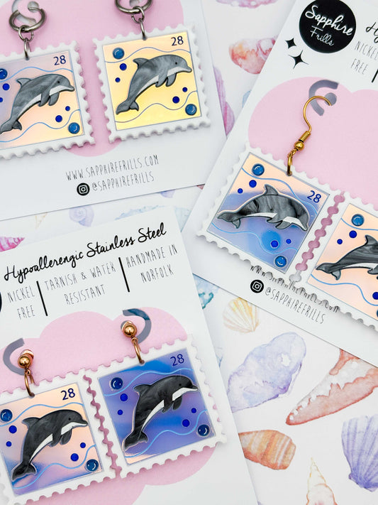Large Iridescent Grey & Blue Dolphin Stamp Dangle Earrings or Necklace – Hypoallergenic Stainless Steel