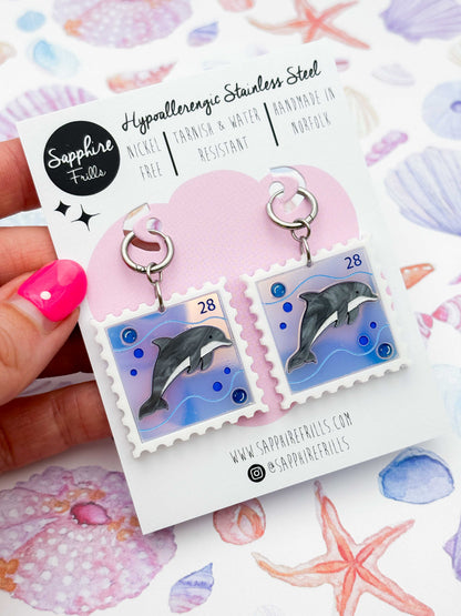 Large Iridescent Grey & Blue Dolphin Stamp Dangle Earrings or Necklace – Hypoallergenic Stainless Steel