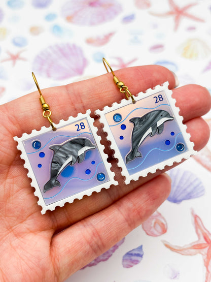 Large Iridescent Grey & Blue Dolphin Stamp Dangle Earrings or Necklace – Hypoallergenic Stainless Steel